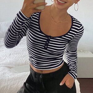 Navy Blue Casual Women's Striped Crew Neck T-Shirt